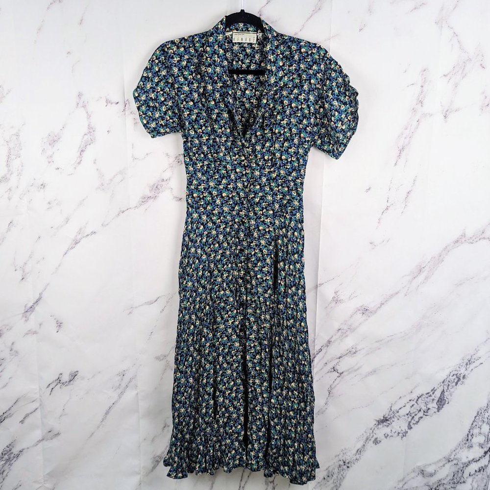Vintage Floral Button Down Midi Dress Black Green Ditzy Pockets Size 2 Ann Tjian